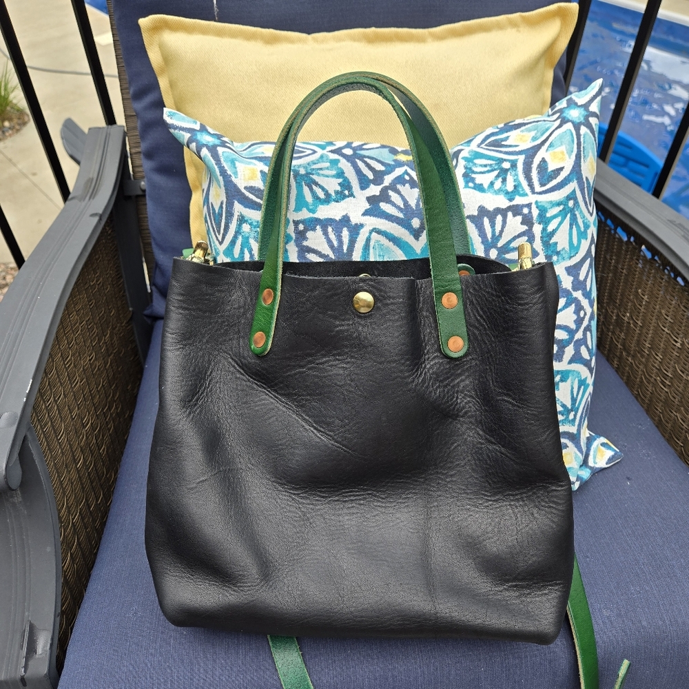 KMM Mini Black Cypress Tote with Green Handles/strap